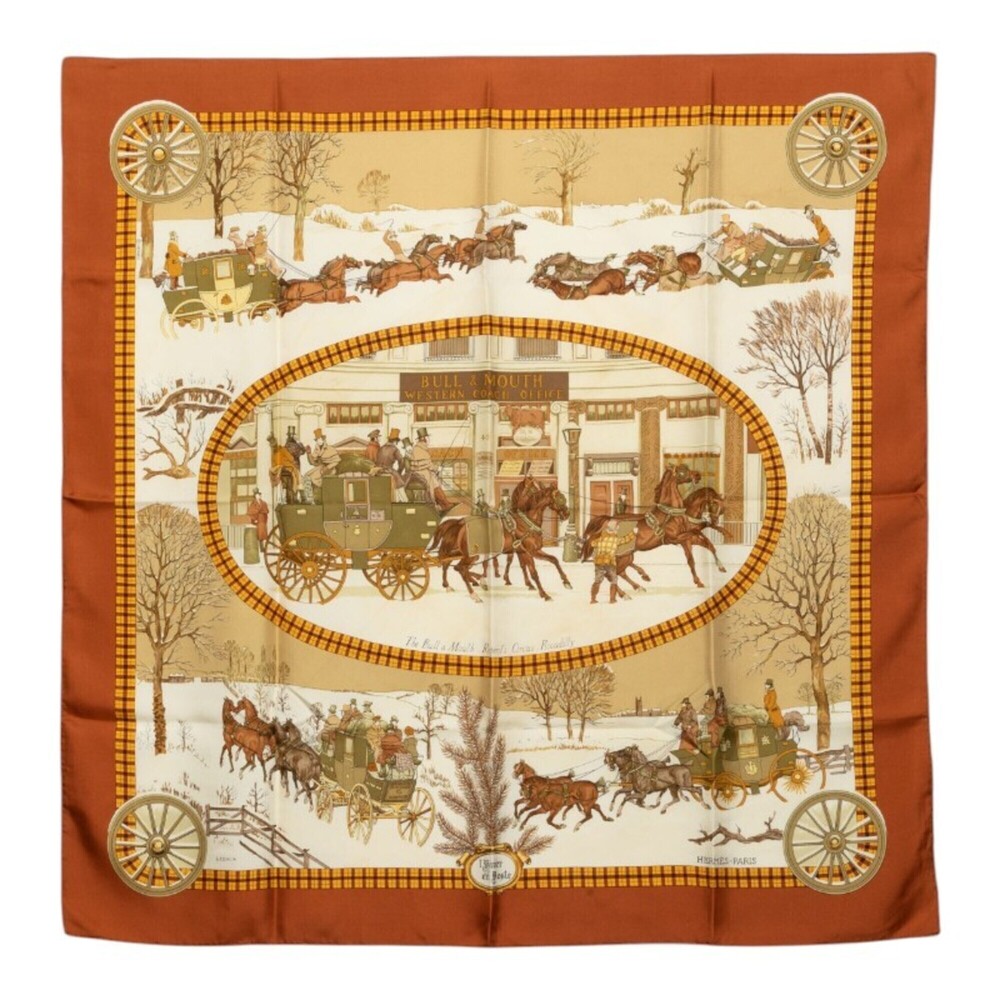 Hermes Carre 90 "Winter Post Carriage" Scarf/Muffler, Brown Silk, Women's
